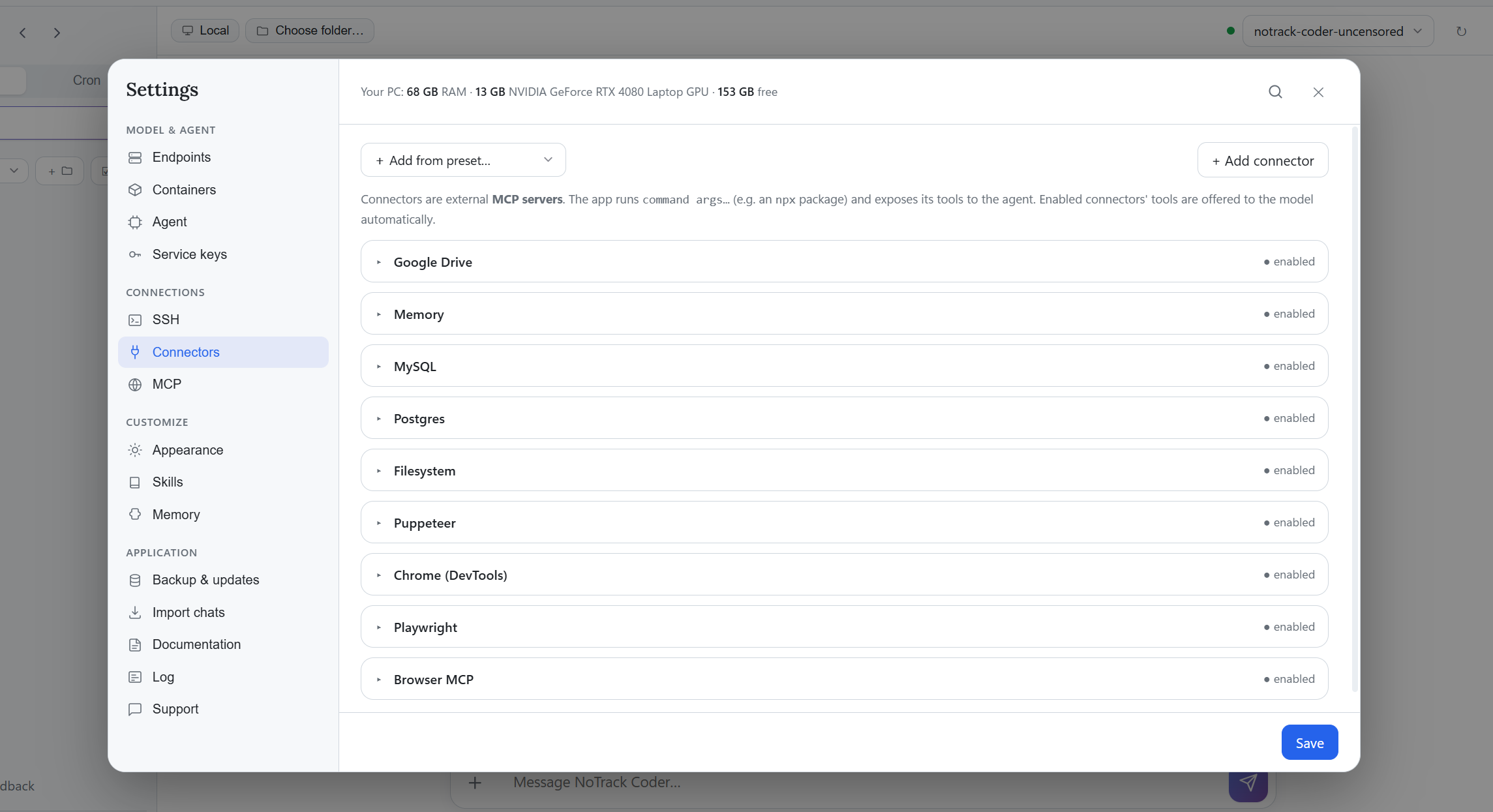 MCP connector settings in Uncensored Coding